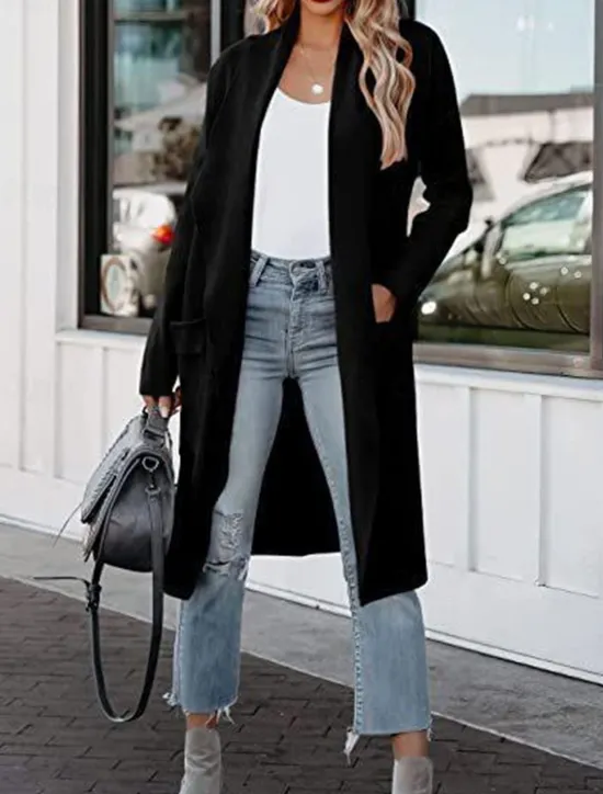 Best Women's Coat Outdoor Street Daily Wear Fall Winter Long Coat Regular Fit Thermal Warm Breathable Stylish Casual Jacket Long Sleeve Plain with Pockets Black White Green Women Cardigans & Outerwears