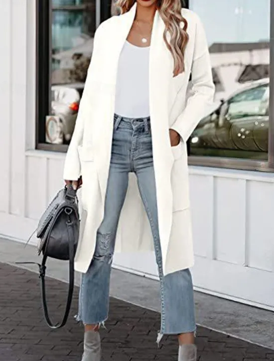 Best Women's Coat Outdoor Street Daily Wear Fall Winter Long Coat Regular Fit Thermal Warm Breathable Stylish Casual Jacket Long Sleeve Plain with Pockets Black White Green Women Cardigans & Outerwears