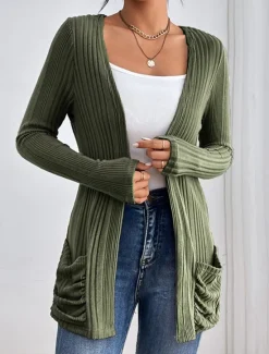 Sale Women's Coat Outdoor Street Daily Wear Fall Winter Regular Coat Regular Fit Thermal Warm Breathable Stylish Casual Jacket Long Sleeve Plain with Pockets Black Pink Green Women Cardigans & Outerwears