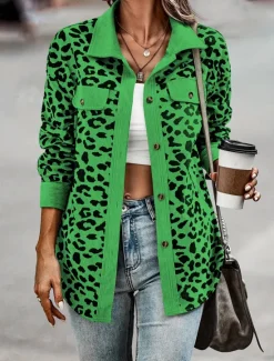 Discount Women's Coat Outdoor Street Daily Spring Fall Regular Coat Regular Fit Windproof Breathable Stylish Casual Street Style Jacket Long Sleeve Leopard Print Army Green Green Apricot Women Jackets