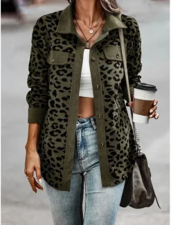 Discount Women's Coat Outdoor Street Daily Spring Fall Regular Coat Regular Fit Windproof Breathable Stylish Casual Street Style Jacket Long Sleeve Leopard Print Army Green Green Apricot Women Jackets