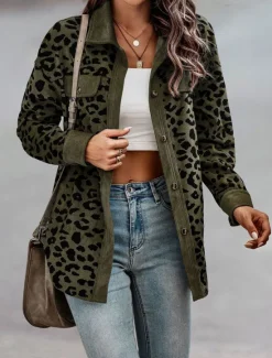 Discount Women's Coat Outdoor Street Daily Spring Fall Regular Coat Regular Fit Windproof Breathable Stylish Casual Street Style Jacket Long Sleeve Leopard Print Army Green Green Apricot Women Jackets