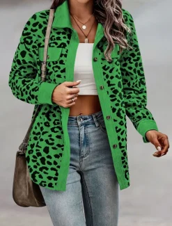 Discount Women's Coat Outdoor Street Daily Spring Fall Regular Coat Regular Fit Windproof Breathable Stylish Casual Street Style Jacket Long Sleeve Leopard Print Army Green Green Apricot Women Jackets