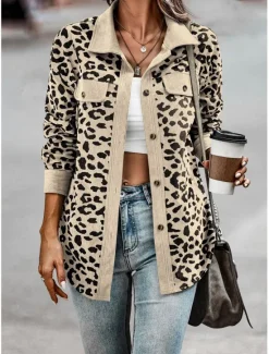 Discount Women's Coat Outdoor Street Daily Spring Fall Regular Coat Regular Fit Windproof Breathable Stylish Casual Street Style Jacket Long Sleeve Leopard Print Army Green Green Apricot Women Jackets