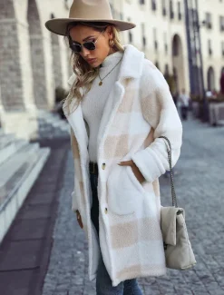 New Women's Coat Warm Breathable Buttons Fashion Modern Plaid Work Casual Single Breasted Long Turndown Loose Fit Long Sleeve Outerwear Fall Winter Women Coats & Trench Coats
