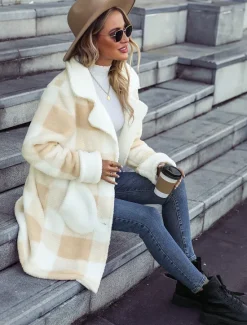 New Women's Coat Warm Breathable Buttons Fashion Modern Plaid Work Casual Single Breasted Long Turndown Loose Fit Long Sleeve Outerwear Fall Winter Women Coats & Trench Coats