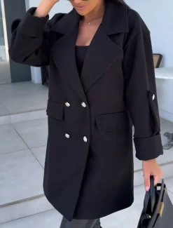 Discount Women's Coat Warm Comfortable Buttons Elegant Solid Color Daily Wear Double Breasted V Neck Regular Fit Long Sleeve Outerwear Black White Green Winter Women Coats & Trench Coats