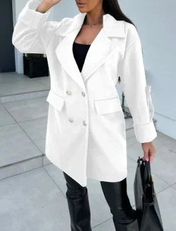 Discount Women's Coat Warm Comfortable Buttons Elegant Solid Color Daily Wear Double Breasted V Neck Regular Fit Long Sleeve Outerwear Black White Green Winter Women Coats & Trench Coats
