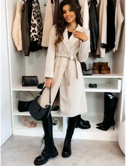 Best Women's Coat Warm Comfortable Buttons With Belt Elegant Solid Color Casual Daily Double Breasted Lapel Regular Fit Long Sleeve Outerwear Black Red Apricot Winter Women Coats & Trench Coats