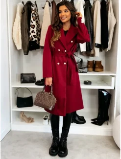 Best Women's Coat Warm Comfortable Buttons With Belt Elegant Solid Color Casual Daily Double Breasted Lapel Regular Fit Long Sleeve Outerwear Black Red Apricot Winter Women Coats & Trench Coats