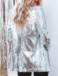 Hot Women's Coat Wedding Guest Sequin Solid Color Comfortable Fashion Regular Fit Outerwear Long Sleeve Spring Silver S Women Blazers & Suits