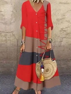 Hot Women's Color Block Boho Dress V Neck Maxi Dress Vintage Ethnic Bohemian Half Sleeve Summer Spring S M L XL XXL XXXL XXXXL XXXXXL Women Floral Dresses