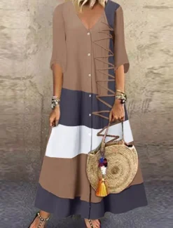 Hot Women's Color Block Boho Dress V Neck Maxi Dress Vintage Ethnic Bohemian Half Sleeve Summer Spring S M L XL XXL XXXL XXXXL XXXXXL Women Floral Dresses
