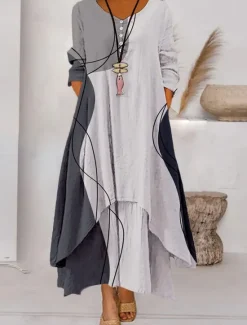 Best Women's Color Block Long Maxi Dress Button Layered Casual Dress Swing Dress Print Dress Fashion Modern Daily Vacation Weekend 3/4 Length Sleeve Crew Neck Dress Loose Fit Silver Black White Women Floral Dresses