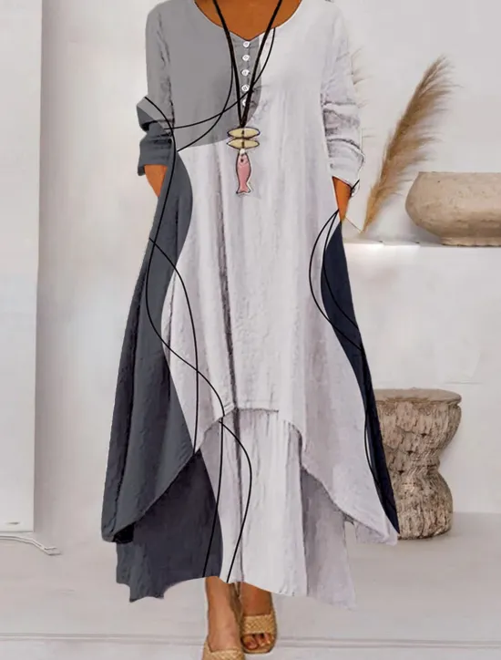 Best Women's Color Block Long Maxi Dress Button Layered Casual Dress Swing Dress Print Dress Fashion Modern Daily Vacation Weekend 3/4 Length Sleeve Crew Neck Dress Loose Fit Silver Black White Women Floral Dresses