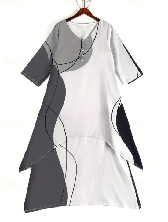 Best Women's Color Block Long Maxi Dress Button Layered Casual Dress Swing Dress Print Dress Fashion Modern Daily Vacation Weekend 3/4 Length Sleeve Crew Neck Dress Loose Fit Silver Black White Women Floral Dresses