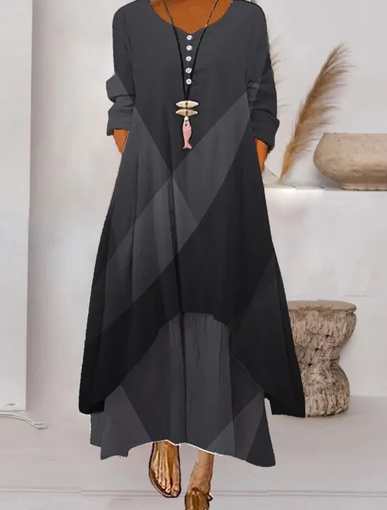 Best Women's Color Block Long Maxi Dress Button Layered Casual Dress Swing Dress Print Dress Fashion Modern Daily Vacation Weekend 3/4 Length Sleeve Crew Neck Dress Loose Fit Silver Black White Women Floral Dresses