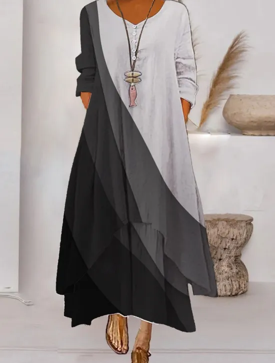 Best Women's Color Block Long Maxi Dress Button Layered Casual Dress Swing Dress Print Dress Fashion Modern Daily Vacation Weekend 3/4 Length Sleeve Crew Neck Dress Loose Fit Silver Black White Women Floral Dresses