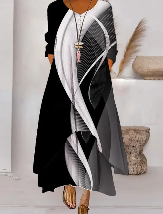 Best Women's Color Block Long Maxi Dress Button Layered Casual Dress Swing Dress Print Dress Fashion Modern Daily Vacation Weekend 3/4 Length Sleeve Crew Neck Dress Loose Fit Silver Black White Women Floral Dresses