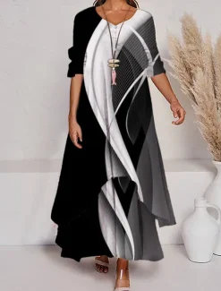 Best Women's Color Block Long Maxi Dress Button Layered Casual Dress Swing Dress Print Dress Fashion Modern Daily Vacation Weekend 3/4 Length Sleeve Crew Neck Dress Loose Fit Silver Black White Women Floral Dresses