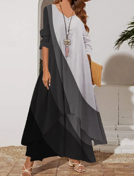 Best Women's Color Block Long Maxi Dress Button Layered Casual Dress Swing Dress Print Dress Fashion Modern Daily Vacation Weekend 3/4 Length Sleeve Crew Neck Dress Loose Fit Silver Black White Women Floral Dresses