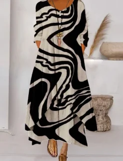 Best Women's Color Block Long Maxi Dress Button Layered Casual Dress Swing Dress Print Dress Fashion Modern Daily Vacation Weekend 3/4 Length Sleeve Crew Neck Dress Loose Fit Silver Black White Women Floral Dresses