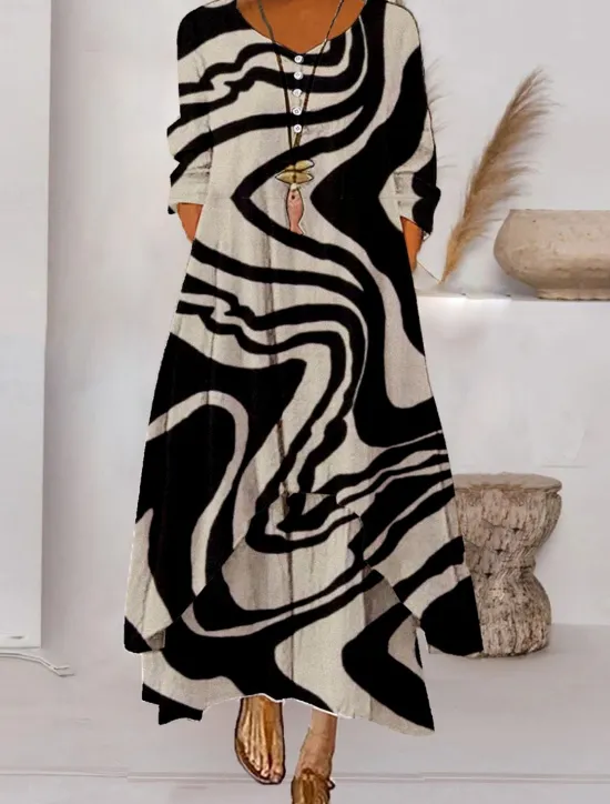 Best Women's Color Block Long Maxi Dress Button Layered Casual Dress Swing Dress Print Dress Fashion Modern Daily Vacation Weekend 3/4 Length Sleeve Crew Neck Dress Loose Fit Silver Black White Women Floral Dresses