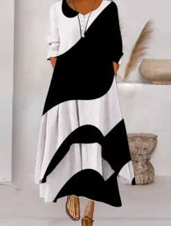 Best Women's Color Block Long Maxi Dress Button Layered Casual Dress Swing Dress Print Dress Fashion Modern Daily Vacation Weekend 3/4 Length Sleeve Crew Neck Dress Loose Fit Silver Black White Women Floral Dresses