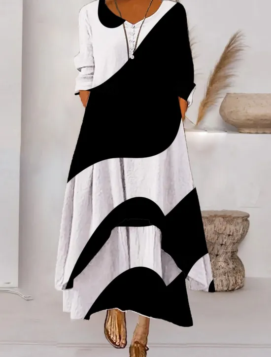 Best Women's Color Block Long Maxi Dress Button Layered Casual Dress Swing Dress Print Dress Fashion Modern Daily Vacation Weekend 3/4 Length Sleeve Crew Neck Dress Loose Fit Silver Black White Women Floral Dresses
