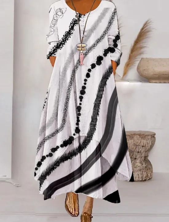 Best Women's Color Block Long Maxi Dress Button Layered Casual Dress Swing Dress Print Dress Fashion Modern Daily Vacation Weekend 3/4 Length Sleeve Crew Neck Dress Loose Fit Silver Black White Women Floral Dresses