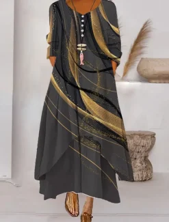 Best Women's Color Block Long Maxi Dress Button Layered Casual Dress Swing Dress Print Dress Fashion Modern Daily Vacation Weekend 3/4 Length Sleeve Crew Neck Dress Loose Fit Silver Black White Women Floral Dresses