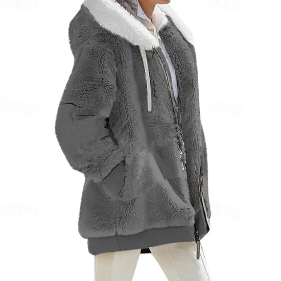 New Women's Color Block Teddy Sherpa Fleece Long Sleeve Cowl Neck Hoodie Regular Tops Dailywear Casual Zipper Pocket Violet Black White Army Green Burgundy Spring Fall Winter Women Hoodies & Sweatshirts