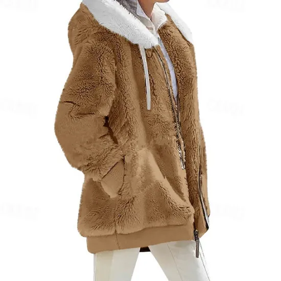 New Women's Color Block Teddy Sherpa Fleece Long Sleeve Cowl Neck Hoodie Regular Tops Dailywear Casual Zipper Pocket Violet Black White Army Green Burgundy Spring Fall Winter Women Hoodies & Sweatshirts