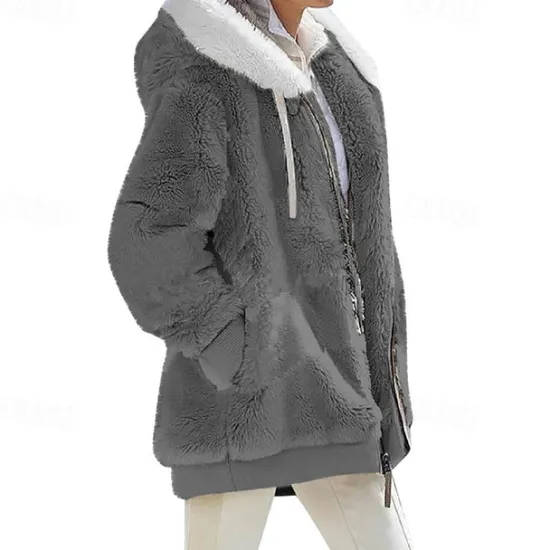 New Women's Color Block Teddy Sherpa Fleece Long Sleeve Cowl Neck Hoodie Regular Tops Dailywear Casual Zipper Pocket Violet Black White Army Green Burgundy Spring Fall Winter Women Hoodies & Sweatshirts