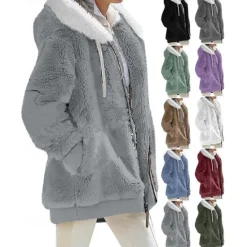New Women's Color Block Teddy Sherpa Fleece Long Sleeve Cowl Neck Hoodie Regular Tops Dailywear Casual Zipper Pocket Violet Black White Army Green Burgundy Spring Fall Winter Women Hoodies & Sweatshirts