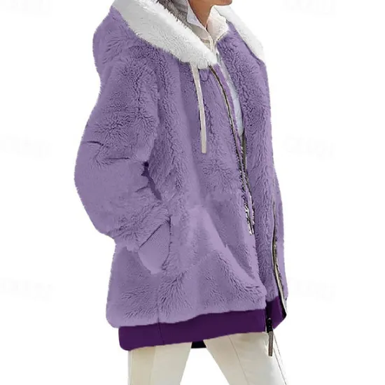 New Women's Color Block Teddy Sherpa Fleece Long Sleeve Cowl Neck Hoodie Regular Tops Dailywear Casual Zipper Pocket Violet Black White Army Green Burgundy Spring Fall Winter Women Hoodies & Sweatshirts