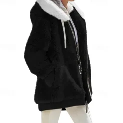 New Women's Color Block Teddy Sherpa Fleece Long Sleeve Cowl Neck Hoodie Regular Tops Dailywear Casual Zipper Pocket Violet Black White Army Green Burgundy Spring Fall Winter Women Hoodies & Sweatshirts