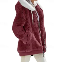 New Women's Color Block Teddy Sherpa Fleece Long Sleeve Cowl Neck Hoodie Regular Tops Dailywear Casual Zipper Pocket Violet Black White Army Green Burgundy Spring Fall Winter Women Hoodies & Sweatshirts