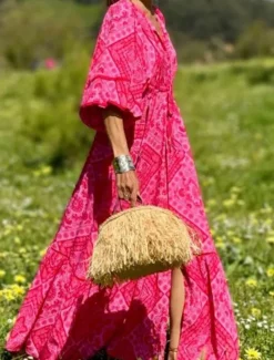 Outlet Women's Color Block V Neck Maxi Dress 3/4 Length Sleeve Summer Spring Women Vacation Dresses