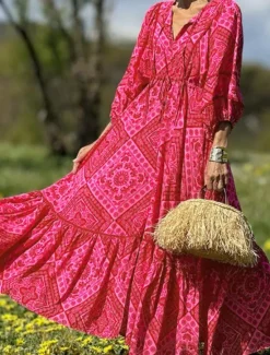 Outlet Women's Color Block V Neck Maxi Dress 3/4 Length Sleeve Summer Spring Women Vacation Dresses