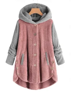 Women's Color Block Warm Teddy Fuzzy Long Sleeve Hoodie Long Tops Street Casual Buttons Pocket Black Pink Wine Blue Green Fall & Winter Women Hoodies & Sweatshirts
