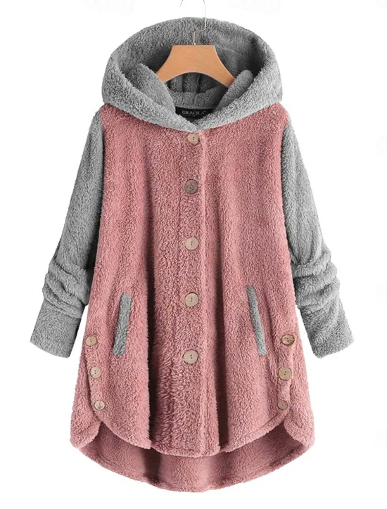Women's Color Block Warm Teddy Fuzzy Long Sleeve Hoodie Long Tops Street Casual Buttons Pocket Black Pink Wine Blue Green Fall & Winter Women Hoodies & Sweatshirts