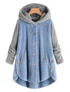 Women's Color Block Warm Teddy Fuzzy Long Sleeve Hoodie Long Tops Street Casual Buttons Pocket Black Pink Wine Blue Green Fall & Winter Women Hoodies & Sweatshirts