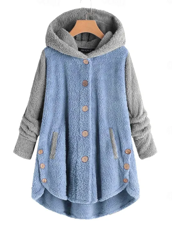 Women's Color Block Warm Teddy Fuzzy Long Sleeve Hoodie Long Tops Street Casual Buttons Pocket Black Pink Wine Blue Green Fall & Winter Women Hoodies & Sweatshirts