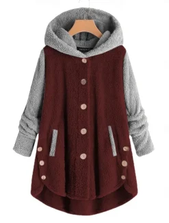 Women's Color Block Warm Teddy Fuzzy Long Sleeve Hoodie Long Tops Street Casual Buttons Pocket Black Pink Wine Blue Green Fall & Winter Women Hoodies & Sweatshirts