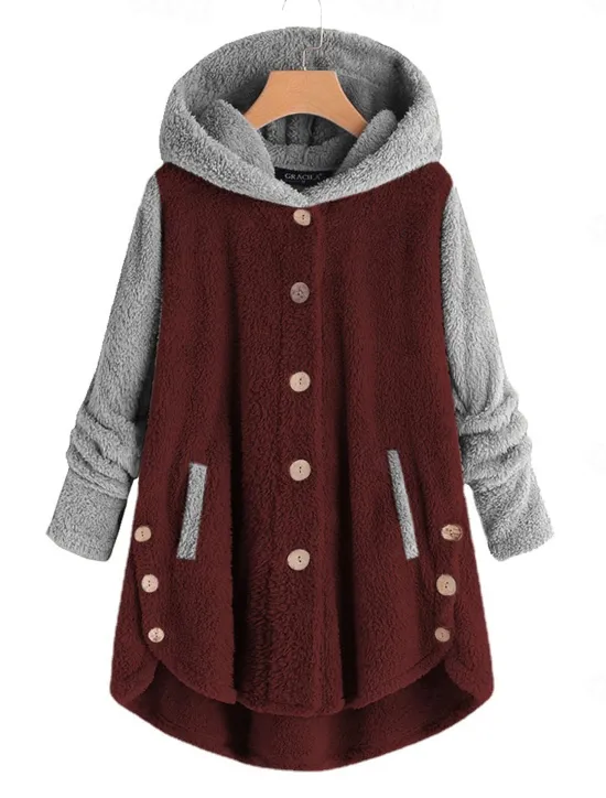Women's Color Block Warm Teddy Fuzzy Long Sleeve Hoodie Long Tops Street Casual Buttons Pocket Black Pink Wine Blue Green Fall & Winter Women Hoodies & Sweatshirts