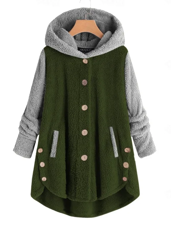 Women's Color Block Warm Teddy Fuzzy Long Sleeve Hoodie Long Tops Street Casual Buttons Pocket Black Pink Wine Blue Green Fall & Winter Women Hoodies & Sweatshirts