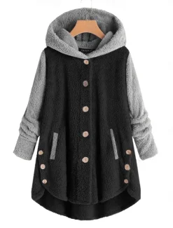 Women's Color Block Warm Teddy Fuzzy Long Sleeve Hoodie Long Tops Street Casual Buttons Pocket Black Pink Wine Blue Green Fall & Winter Women Hoodies & Sweatshirts