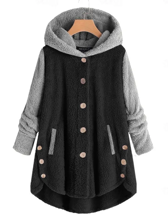 Women's Color Block Warm Teddy Fuzzy Long Sleeve Hoodie Long Tops Street Casual Buttons Pocket Black Pink Wine Blue Green Fall & Winter Women Hoodies & Sweatshirts