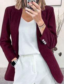 Hot Women's Corduroy Jacket Blazer Formal Button Solid Color Windproof Fashion Regular Fit Outerwear Long Sleeve Fall claret S Women Blazers & Suits